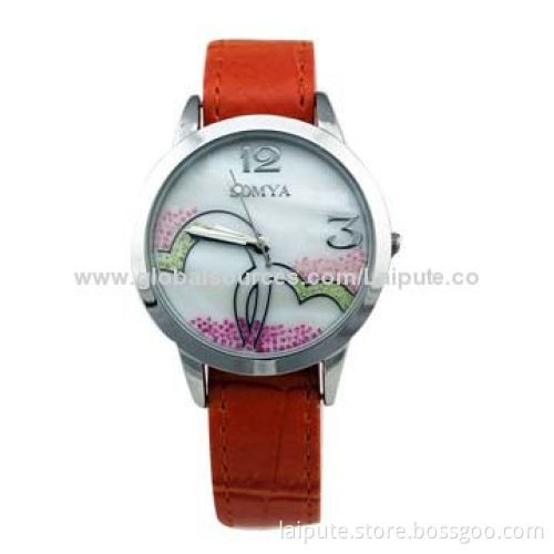 Ladies Print Dial Round Quartz Watch with Red PU Leather Strap